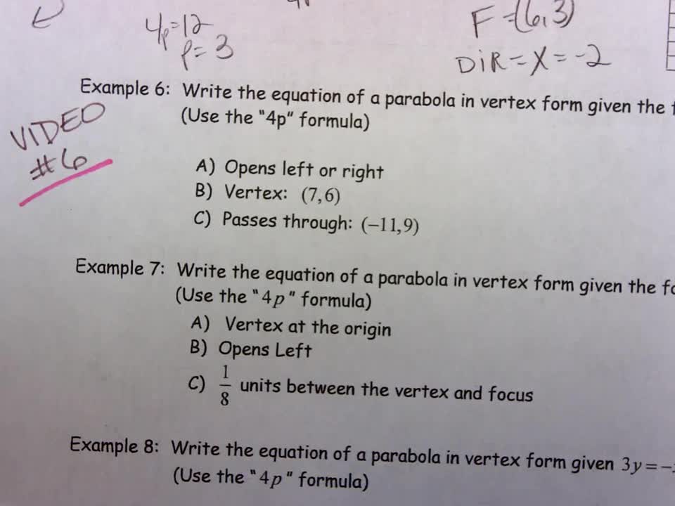 precal assn 31 parabolas video 6 akins high school vertex form example