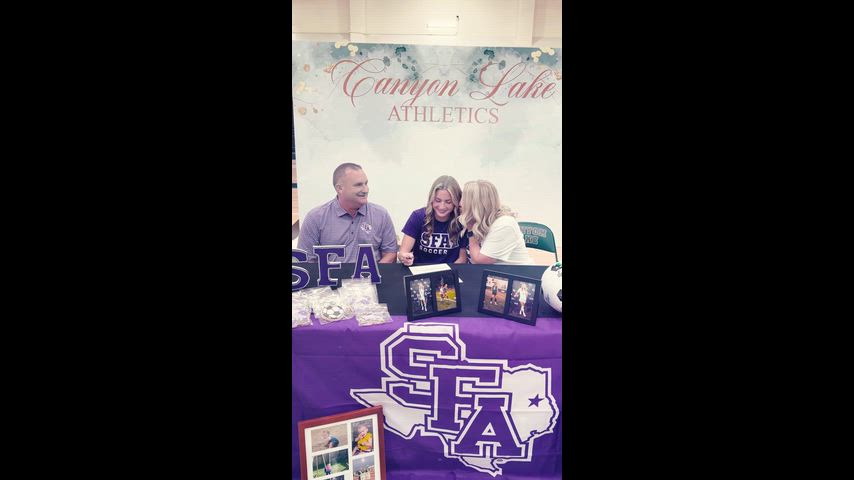 Signing day social media reel showcasing the high school students across the district who signed for athletic scholarships. The students are seen at their tables surrounded by friends and family, taking photos, and celebrating together. The reel has a positive and inspiring tone. 