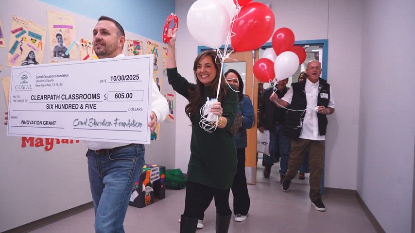 Comal ISD prize patrol video. The Comal Education Foundation delivered grants to selected teachers who submitted applications at the beginning of the school year. Comal Education foundation board members and comal isd cabinet and board members walked through the campus halls with campus drumline and spirit students to surprise the teachers.