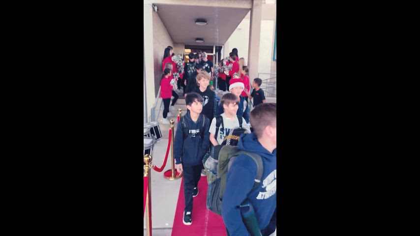 Comal ISD sent off middle school and Hill Country college robotics students to the robotics state championship. Students were escorted down the red carpet with their bands playing and cheerleaders cheering surrounded by students. 