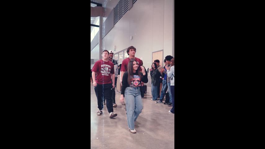 March State Sendoff for students who qualified for state, including bowling, powerlifting, and HOSA from Davenport, Canyon, Pieper, and Canyon Lake High Schools. Featured students walk down a red carpet with the band and cheer team while being cheered on by their peers.