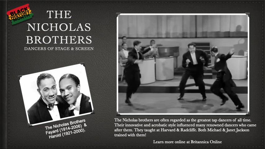 Figures featured in this presentation include the Nicholas Brothers--legendary dancers and filmmakers; author Jason Reynolds; ballet dancer Misty Copeland; author Kwame Alexander, doctor, engineer, and astronaut Mae Jemison; musician Louis Armstrong; attorney and Supreme Court Justice, Thurgood Marshall;  author, poet, and performer, Maya Angelou; Olympic champion gymnast, Simone Biles; artist Jean-Michel Basquiat; film star and dancer Bill 'Bojangles' Robinson; artist Alma Woodsey Thompson; musician and musical historian, Rhiannon Giddens; and architect Paul Revere Williams. Each figure is featured in a slide that includes a brief biography and images of books and materials available to students in the Dapplegray Library. 