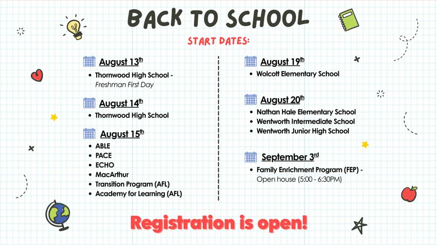 School start dates and slideshow of students/teachers