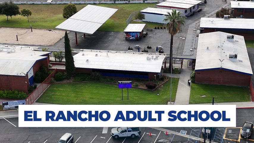 Drone footage of El Rancho Adult School campus with logo and school name on screen