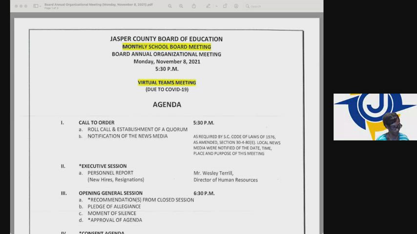 Jasper County Board of Education Meeting (Monday, November 8, 2021 ...