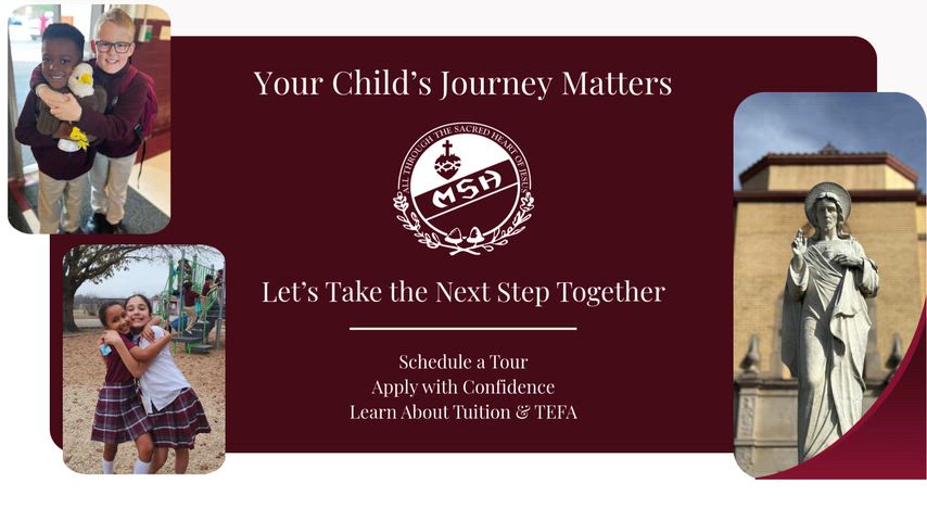 Promotional image showing students in school activities alongside a statue of Jesus on campus