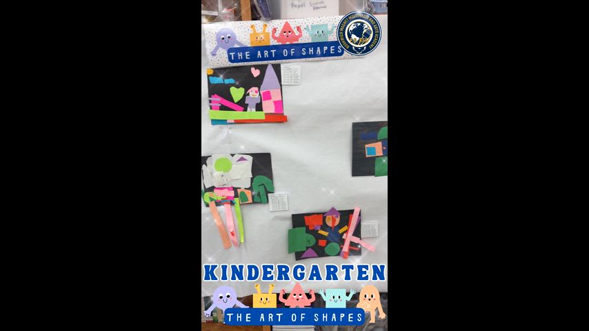This video shows student art pieces composed of shapes and students explaining what the artwork is.