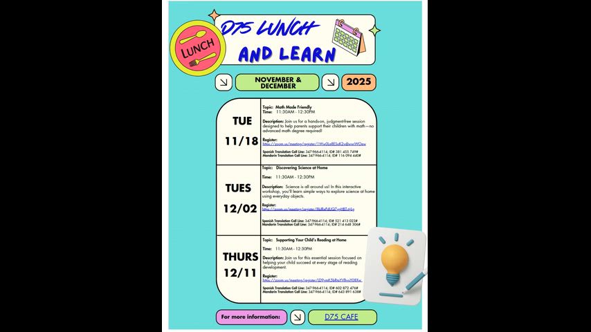 Video of documents with music sharing dates of lunch and learns. 