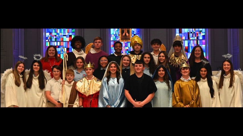 School welcome banner with Nativity