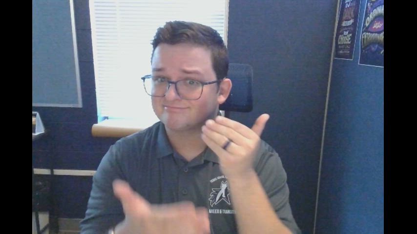 Ryan Horner, HS Career Counselor, ASL video explaining TSD Scholarship Deadline